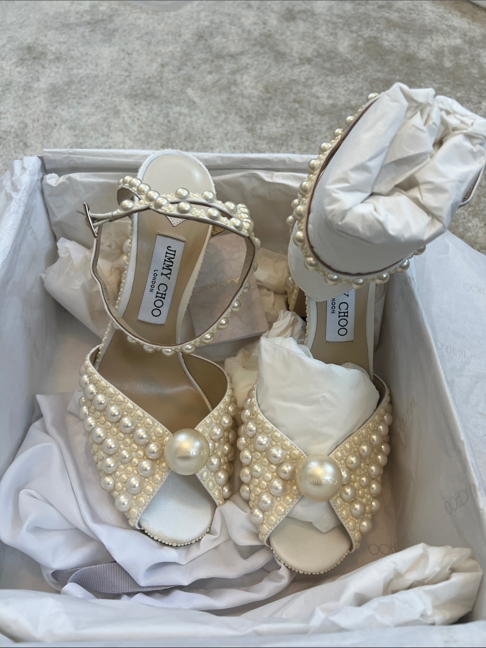 Jimmy Choo Ivory Pearl-Embellished Strappy Heels 40.5 - Picture 1 of 5